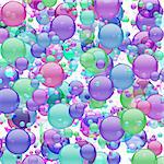 Graphic illustration of tons of pastel colored multi-sized bubbles against white background.