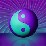 A bright purple and teal yin yang and its reflection in front of a swirling vortex.