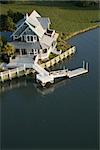 Aerial view of waterfront home on Bald Head Island, North Carolina.
