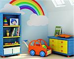 Picture of a boy, book covers, and design on the wall are my own images.  3D rendering of a children room