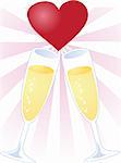 A toast of love, two champagne glasses touching with a heart