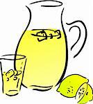 Lemonade and lemons, retro hand-drawn style. Lemon and lemon slices, pitcher and glass of lemonade