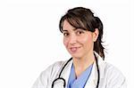 Friendly female doctor in lab coat with stethoscope