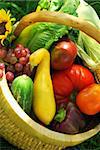 Wicker basket filled with fruits, vegetables and flower fresh from the garden