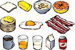 Breakfast clipart illustrations, vector, 3d isometric style: bread, butter, cereal, grapefruit, pancakes, fried egg, bacon, coffee, orange juice, milk, jam