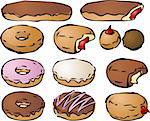 Various donut icons hand-drawn lineart look; mix and match colors and toppings to make your own donuts