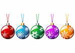 Ornamented Christmas balls with ribbons in different colors isolated over white background