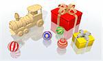 a 3d render of Christmas gifts and balls