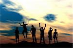 Active people silhouette at sunset - team concept