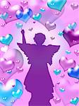 Illustration of purple hearts background with winged angel silhouette - valentine card