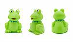 green toy frog in three positions on white background