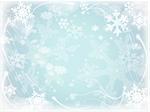 white snowflakes over light blue background with feather corners