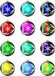 Christmas ornaments in a variety of colors with white snowflakes on them
