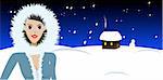 Vector - Beautiful woman in a fur coat standing in front of a cabin covered in snow. Christmas concept.