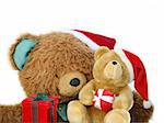 Teddy bear family holding presents at Christmas