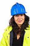 Female construction worker portrait, over a white background