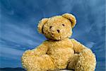 Teddy bear agaist blue sky with cirrus clouds