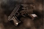 Sepia toned guns in smoke and dust