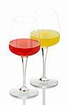 Two glasses with beverages, reflected on white background