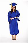 A female caucasian in blue graduation gown and very excited.  She is on a white background.