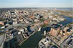 Aerial view of Baltimore, Maryland with river and drawbridges.