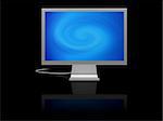 futuristic silver monitor on black with reflection displaying blue abstract twirl of light