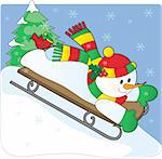 A snowman sledding down a hill with a cardinal on his foot