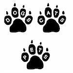 3 paws with the text DOGS, CATS and PETS on white background