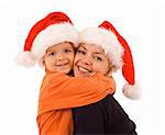 Woman and boy - mother and son - hugging at christmas time - isolated
