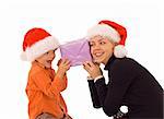 Woman and boy checking christmas presents - isolated