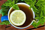 mint tea with lemon and fresh peppermint leaves.