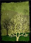 Mixed media illustration of trees over grunge toned background