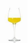 A glass with yellow beverage, reflected on white background