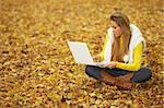 20-25 years old beautiful sexy woman portrait working on laptop computer in natural autumn outdoors