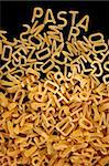 Spelling of the word pasta written with children's soup letters.