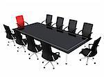 3d rendered illustration of a coference table with black and red chairs