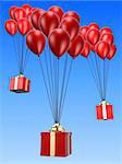 3d rendered illustration of flying red balloons with presents