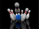 3d rendered illustration of some bowling pins and a blue ball