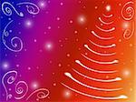 christmas tree drawn by white lights over yellow, red, violet and blue background