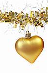 One golden Christmas heart, isolated on white background