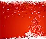 red christmas background with christmas tree and snowflakes / vector