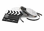 3D render of film reels and a clapper board on a white background
