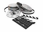 3D render of film reels, clapper board and film canisters on white background