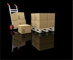 3D render of a hand truck and stacks of boxes