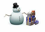 3D render of a snowman next to a stack of Christmas presents