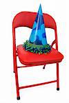 red child's chair with blue party hat: good for invitations . isolated on white