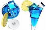 Blue cocktail with lemon garnish and ice cubes