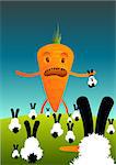 Illustration of a very upset carrot on a hill of rabbits.