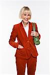 Portrait of a smiling elderly scandinavian woman in a red suit.