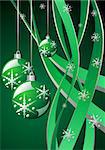 Snow crystals Christmas balls and ribbons over green
